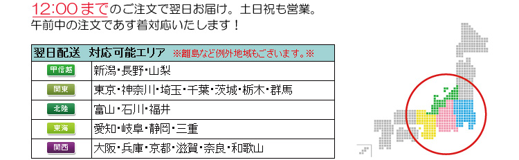 12:00までのご注文で翌日お届け。土日祝も営業。午前中の注文であす着対応いたします！翌日配送対応可能エリア ※離島など例外地域もございます。※甲信越 新潟・長野・山梨・関東 東京・神奈川・埼玉・千葉・茨城・栃木・群馬
北陸 富山・石川・福井・東海 愛知・岐阜・静岡・三重・関西 大阪・兵庫・京都・滋賀・奈良・和歌山