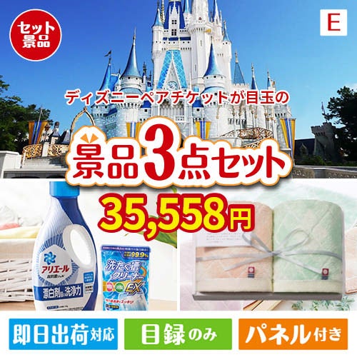 ディズニーペアチケットが目玉の毎日使える実用的な生活応援景品3点セットE