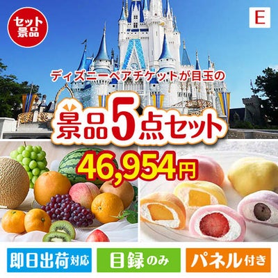 ディズニーペアチケットが目玉の旬のフルーツ＆人気スイーツが揃う景品5点セットE