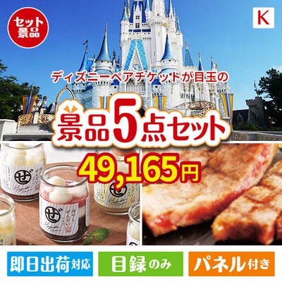 ディズニーペアチケットが目玉のお肉もスイーツも楽しめるグルメ景品5点セットK