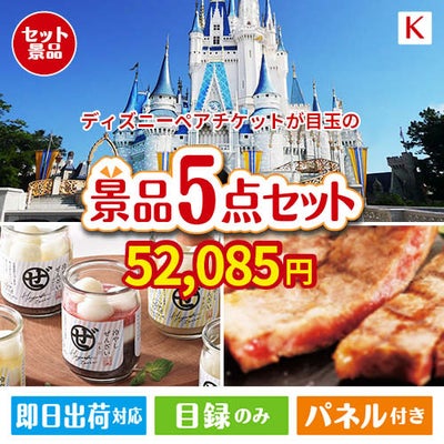 ディズニーペアチケットが目玉のお肉もスイーツも楽しめるグルメ景品5点セットK
