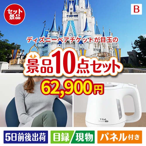 ディズニーペアチケットが目玉のもらって嬉しい人気グルメと便利アイテムが揃う景品10点セットB